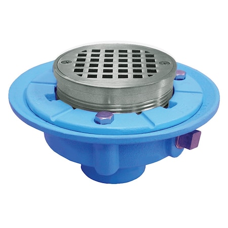 Jones Stephens 4in No Hub Code Blue Floor Drain, 9in Pan, 5in Chrome Plated Round Strainer, Height 3-1/2in-4-3/4in D66602